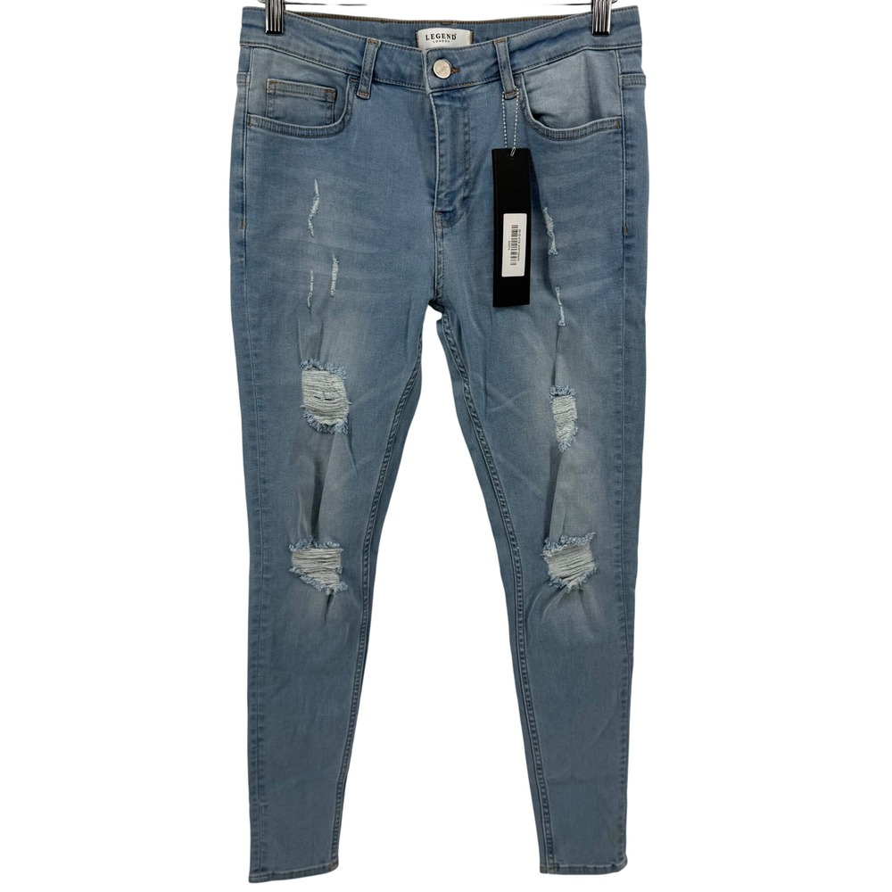 Legend London Spray On Jeans Mens 32x30 Light Blue Distressed Skinny Denim